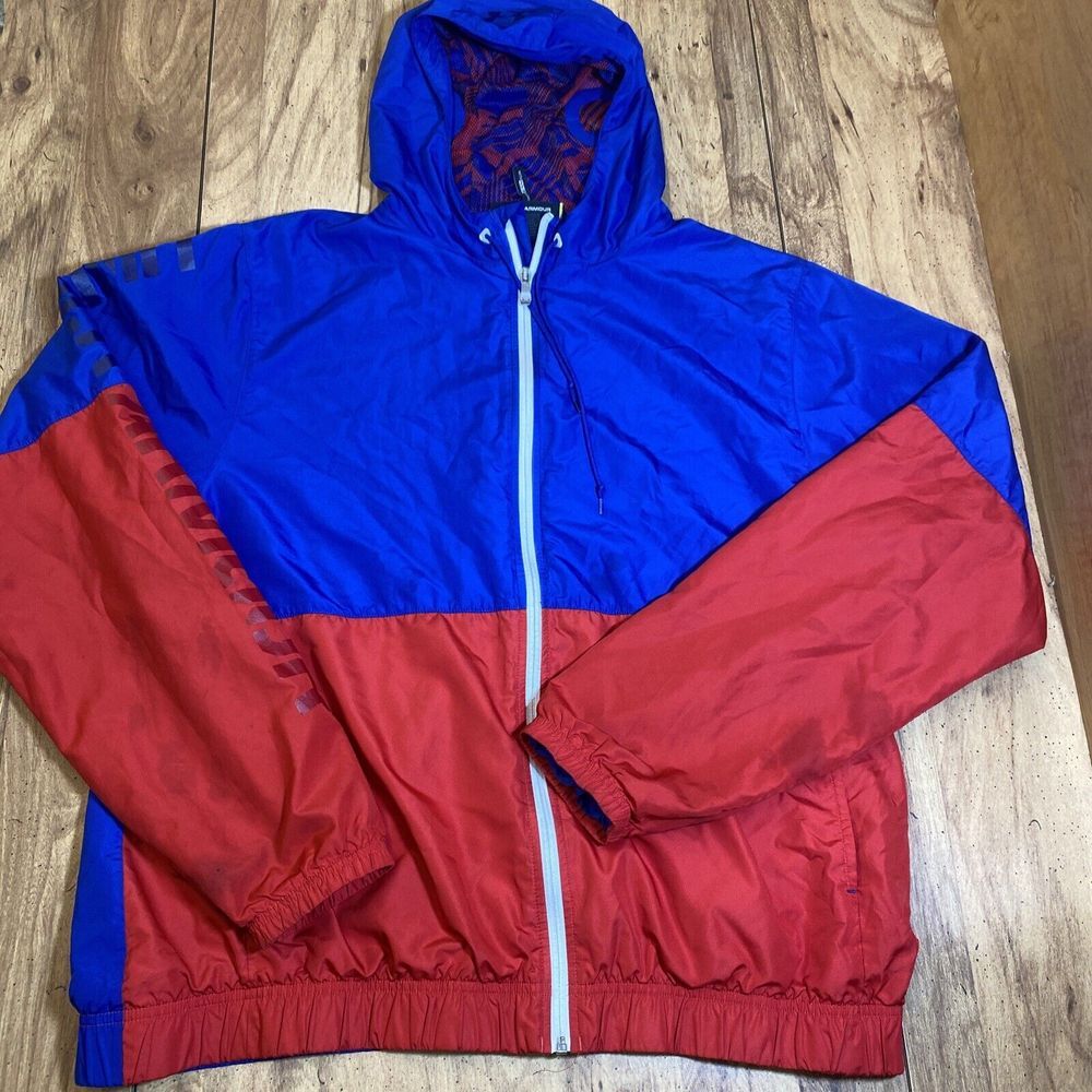 Men's red/blue UNDER ARMOUR‎ Lined Windbreaker Jacket w/ Speakers in Hood LARGE